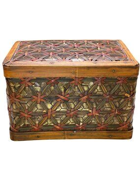 Vintage Handwoven Wooden Storage Chest With Hinged Lid & Rustic Finish